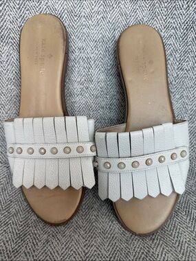 kate spade White Leather Fringe Slide Mules with Pearl Studs